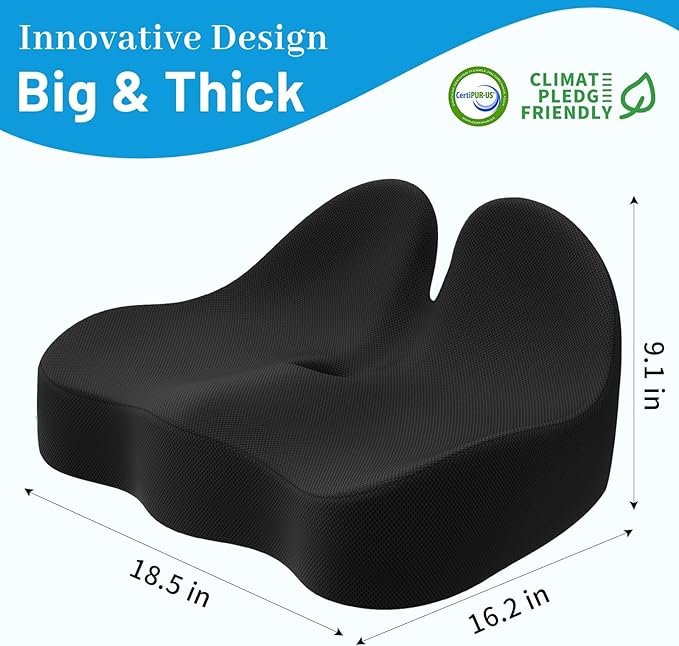 CushZone Seat Cushion, Memory Foam Office Chair Cushions, Ergonomic Curved Design for Sciatica, Tailbone, Coccyx, Seat Support for Car, Desk Chair, Wheelchair, Enhances Long Sitting Comfort (Black)