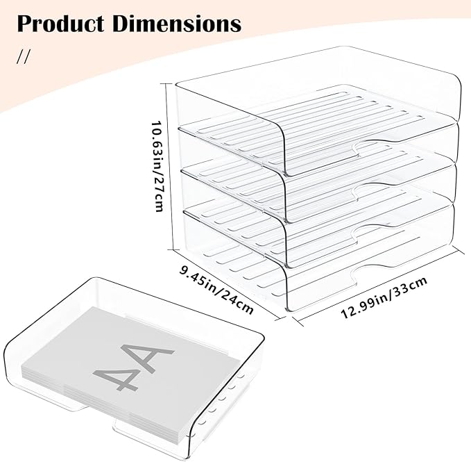 StorBin 4 Trays Paper Organizer Letter Tray, Acrylic Stackable Desk File Organizer, Clear Office Desk Organizer for File Paper, Ipad, Letter, A4 Office File, Books, Notes