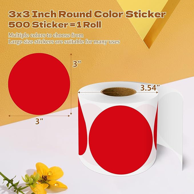 3 Inch Round Color Coding Labels (500 per Roll) - Colored Dot Stickers Round Labels for Inventory, Warehouse, Office Organizing - Red Circle Stickers
