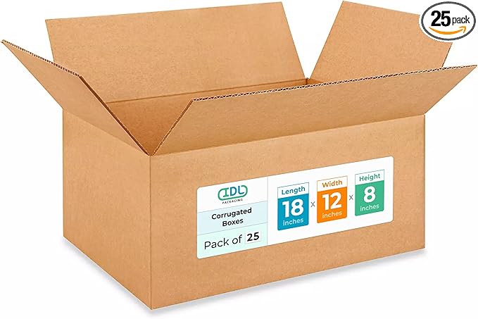 Medium Moving & Shipping Boxes 18"L x 12"W x 8"H (25-Pack) - Extra Strength 200 lb vs Regular - Corrugated Packaging Boxes, Made in USA - Strong Moving Supplies Box - Square Box by IDL Packaging