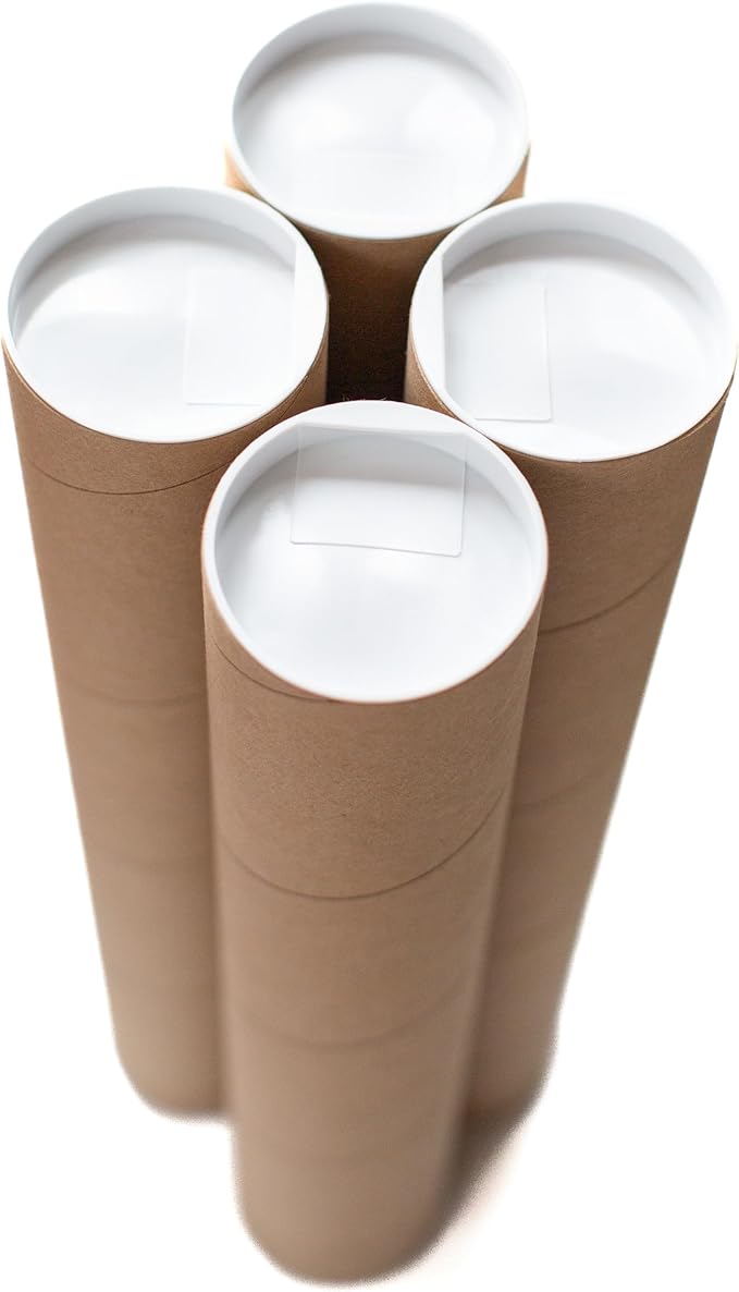 Packhorse Supply 4-pack Kraft Mailing Tubes with Caps | 3-inch x 18-inch Usable (19" total length) | Heavy-Duty Cardboard Poster Tubes for Shipping and Storage of Documents and Art