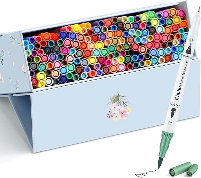 Ohuhu Markers for Adult Coloring Books No Bleeding 160 Colors Coloring Markers Water-based Dual Tips Fineliner & Brush Drawing Pens Art Pens for Kids Adults Sketch Journal - Maui - White