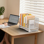 OrgMate Desk File Folder Holder Organizer-5 Vertical Compartments Racks and Paper Letter Tray,Mesh Magazine File Holder Sorter,Desktop Accessories & Workspace Organizers for Home,Office,School-White