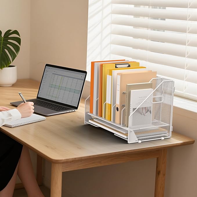 OrgMate Desk File Folder Holder Organizer-5 Vertical Compartments Racks and Paper Letter Tray,Mesh Magazine File Holder Sorter,Desktop Accessories & Workspace Organizers for Home,Office,School-White