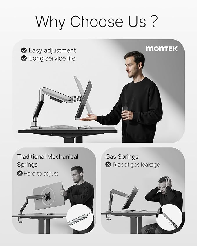 monTEK Deluxe Monitor Arm up to 40 Inch Holds 26.4 lbs Curved Screens Aluminum Fully Motion Adjustable Single Monitor Stand with Clamp/Grommet Desk Mount, Quick Release Plate,75/100mm VESA, MA1008SL