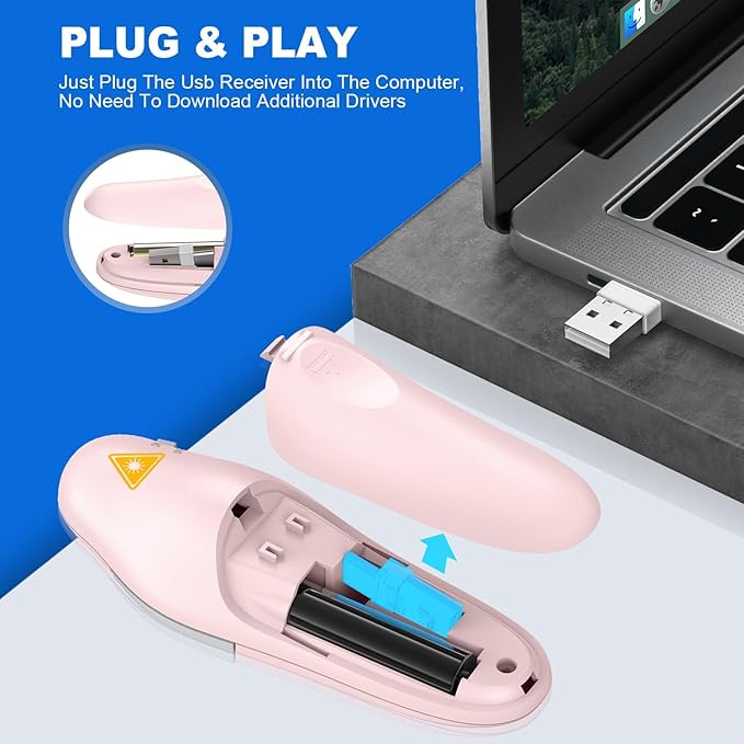 QUI Presentation Clicker Wireless Presenter Remote Clicker for PowerPoint Presentation Remote, PowerPoint Slide Advancer for Mac/Windows/Linux, Google Slide/PPT/Keynote, USB A&C, Pink