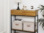 StorageWorks Fabric Storage Bins with Lid, Decorative Storage Boxes for Shelves, Stackable Closet Organizer Basket with Handles, Large, Brown and Beige, 2-Pack
