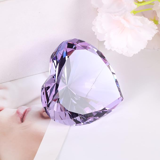 Purple Crystal Diamonds Paper Weights with Gift Box, 80mm Heart Shape Real Crystal Diamond Glass Gems Paperweight, Big Diamonds Birthday Anniversary Women Her Valentine's Day Gifts