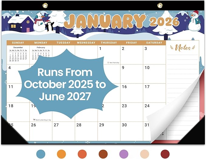 Desk Calendar 2026, 21 Months Calendar Runs from October 2025 to June 2027 - Large 17" x 12" Desktop/Wall Monthly Planner for Home School, or Office - Watercolor Festival