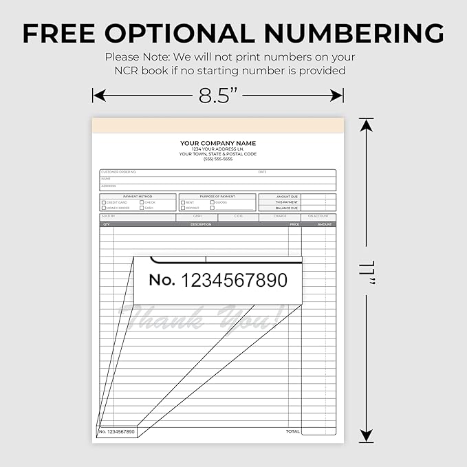 Custom 8.5" x 11" Carbonless NCR Books in 3-Part Triplicate Invoices, Receipts, Work Orders, Sales Orders, Purchase Orders, Estimates, Quote Forms with Your Company/Business Name (66 Sets)