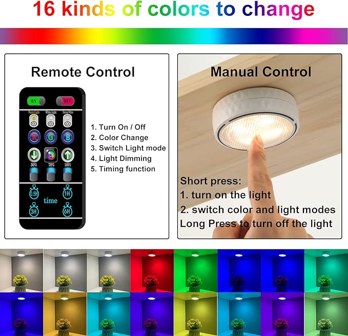 Onumii Puck Lights with Remote Battery Operated ED Under Cabinet Lighting Wireless Stick on Color Changing Timer Tap Lights for Cabinets Shelves Closets Display Case - 2Pack White