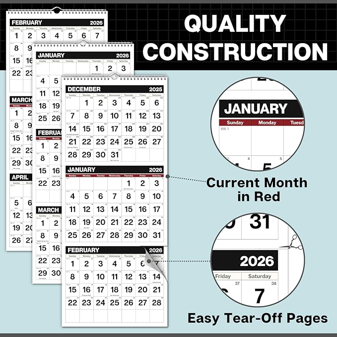 Dunwell 3-Month Wall Calendar 2026, Large Monthly Hanging Calendar with Big Bold Numbers, Easy to Read from a Distance, Use to Dec 2026, For Office or Home, 11x26 Open, Ships Folded