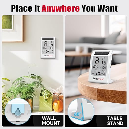 BaldrTherm Room Thermometer Indoor Humidity Meter, Solar-Powered 3.2'' Digital Temperature Sensor Monitor with Max/Min Reading, Comfort Indicator for Baby Room, Home, Office, White, 3Pack