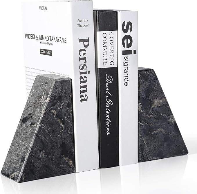 Karibiber Marble Bookends for Heavy Books, Decorative Book Ends for Shelves, Titanium Black Stone Durable and Heavy-Duty Book Ends for Hardback Books & CDS, Unique Book Stopper & Holder, Set of 2