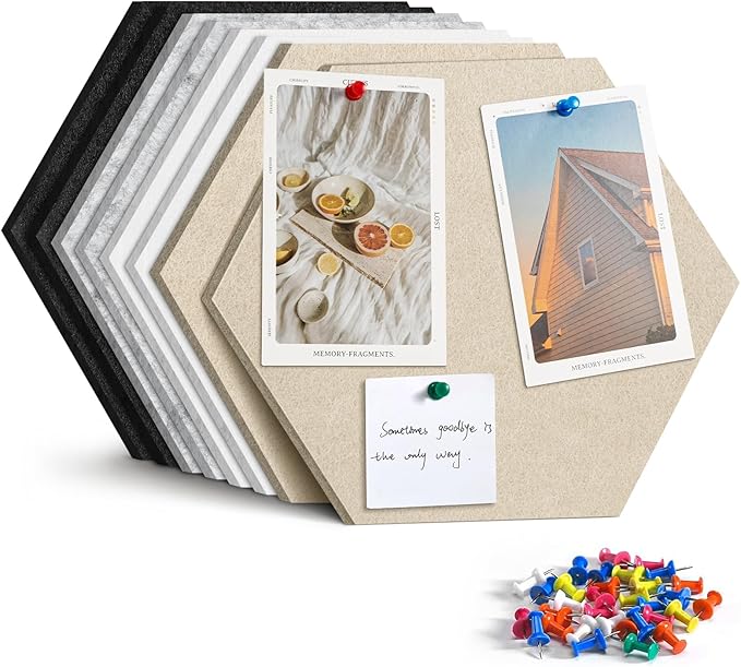 Uoisaiko 12" Large Bulletin Board with 30 Push Pins, Pack of 8 Hexagon Felt Pin Board Notice Boards for Home Office Kitchen, Felt Wall Tiles for Photos Memos