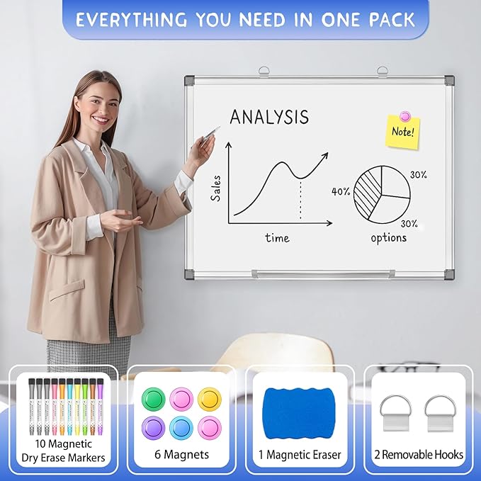 Grtard 24" x 18" Magnetic Dry Erase Whiteboard for Wall, Hanging Magnetic White Board with Marker & Magnets, Smooth Writing Dry Erase Board for Office & Home, Christmas Practical Gift Idea