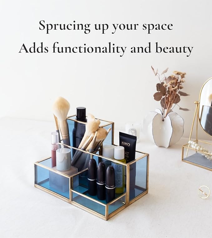 FONDAZZA 5-Compartment Desk Organizer for Home Office Supplies, Gold Brass with Blue Glass, Workspace Storage for Stationery, Cosmetic, Makeup Tools and Brush.