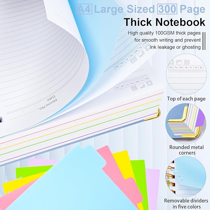 Hardcover Spiral Notebook 8.5"x11" Journal Notebook with Tabs and Removable Dividers 300 Pages 5 Subject Notebook College Ruled, Faux Leather Spiral Bound Notebook for Women School Work (Lake Blue)
