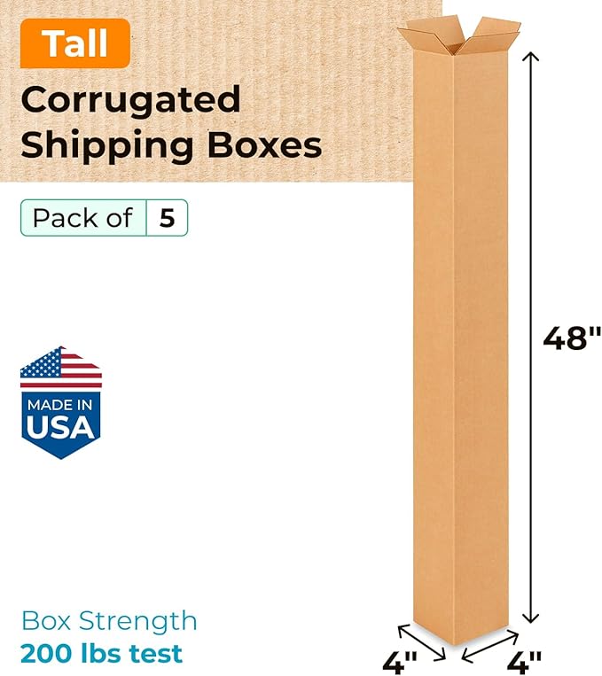 Tall Moving & Shipping Boxes 4 x 4 x 48 inches (5-Pack) - Extra Strength 200 lb vs Regular - Corrugated Durable Packing Boxes for Moving - Tall Cardboard Box - Eco Shipping Box by IDL Packaging