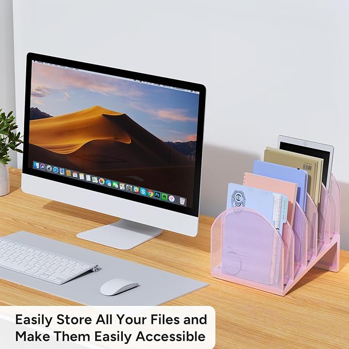 OUTIOE 5-Section Desk File Organizer, Metal Mesh Folder Organizer for Documents, Mail & Office Papers (Pink)