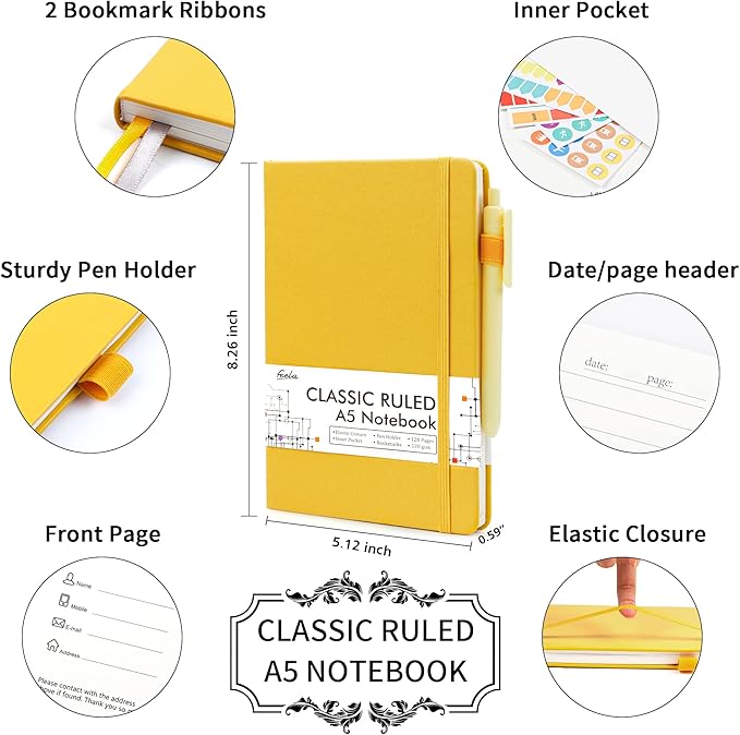 5 Pack Journal Notebook Bulk for School, Feela Hardcover Business Notebooks Classic Ruled Lined Journals with Pen Holder for Work Note Taking, with 5 Black Pens, 120 GSM, 5.1”x8.3”, A5, Yellow