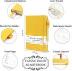 5 Pack Journal Notebook Bulk for School, Feela Hardcover Business Notebooks Classic Ruled Lined Journals with Pen Holder for Work Note Taking, with 5 Black Pens, 120 GSM, 5.1”x8.3”, A5, Yellow