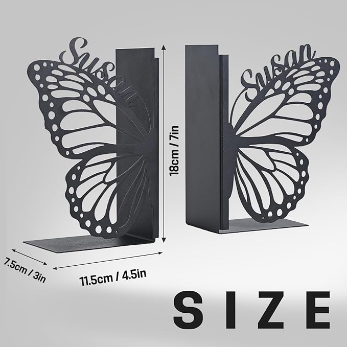 Personalized Butterfly Decorative Book Ends, Heavy Duty Bookends for Shelves, Non-Slip Book Stopper, Metal Modern Bookshelf Decor for Home Office Study Room, Gifts for Readers Color01