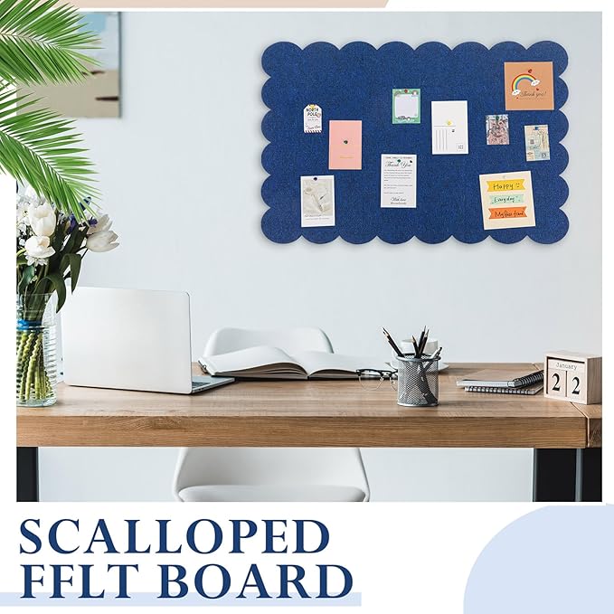 Mooliwe Scalloped Felt Bulletin Board 36 x 24 Inches Foldable Dark Blue Pin Cork Board Alternative for Wall, 3' x 2' Trifold Picture Vision Self Adhesive Bulletin Decorative