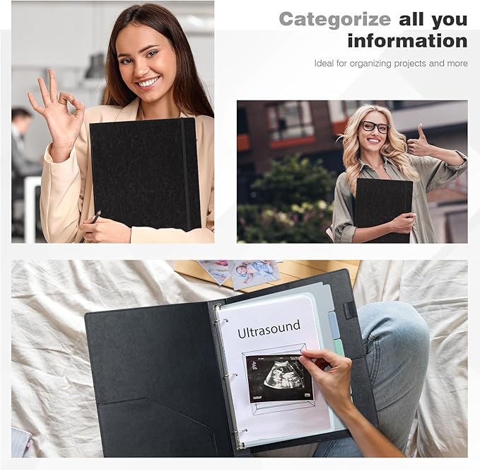 Ospelelf Vintage Hardcover 3 Ring 1 inch Leather Binder, Professional Binders Organizer Suitable for Letter Size Documents, Binder Dividers with Tabs, Faux Black Leather