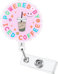 Powered by Iced Coffee Funny Pink Nurse Badge Reel, Cute Retractable ID Card Badge Holder, Name Tag Badge Buddy for RN CNA LPN MA Night Shift Nurse Nursing Student Doctor Social Worker Coffee Lovers
