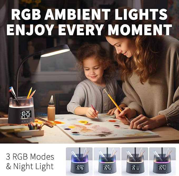 Led Desk Lamp for Home Office, Touch Table Lamp with USB Charging Port, 3 Color Modes Stepless Dimmable Reading Light, Gooseneck Lamp for Dorm Room, Bedside Study Light with Clock,Adapter Include