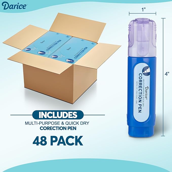 Darice Liquid Correction Pen Box of 48 - Multi-Purpose Liquid White Out Pen with Metal Tip for School, Office & Home