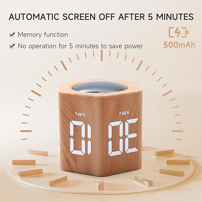 Exlliy Productivity Timer 1, 5, 10, 30, 60 Minutes Preset, Desk Cube Timer with Gravity Sensor/Mute/Vibration for ADHD, Work, Study, Kitchen, Back to School (1, Wood Grain)