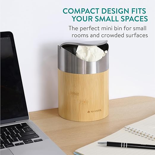 Navaris Bamboo Mini Trash Can - Small Bin with Stainless Steel Swing Lid for Easy Access - Desktop Bin Ideal for Office, Bathroom and Kitchen Counter - Compact and Easy to Clean
