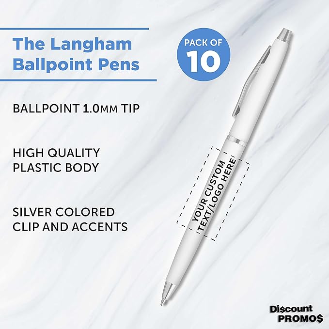 DISCOUNT PROMOS Custom Langham Ballpoint Ink Pen - Set of 10 Writing Pens for Work - Cool Pens for Writing, Black Ink, White