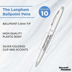 DISCOUNT PROMOS Custom Langham Ballpoint Ink Pen - Set of 10 Writing Pens for Work - Cool Pens for Writing, Black Ink, White