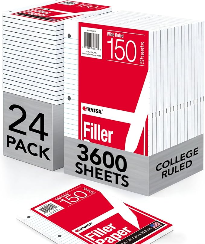 Kaisa Notebook Paper 24 Pack 3600 sheet 8x10.5 Wide Ruled Loose Leaf Paper Filler Paper for 3-Ring Binder Paper 150 Sheets/Pack Notebook Paper 3-Hole Punched Lined Paper(24Pack-Wide)