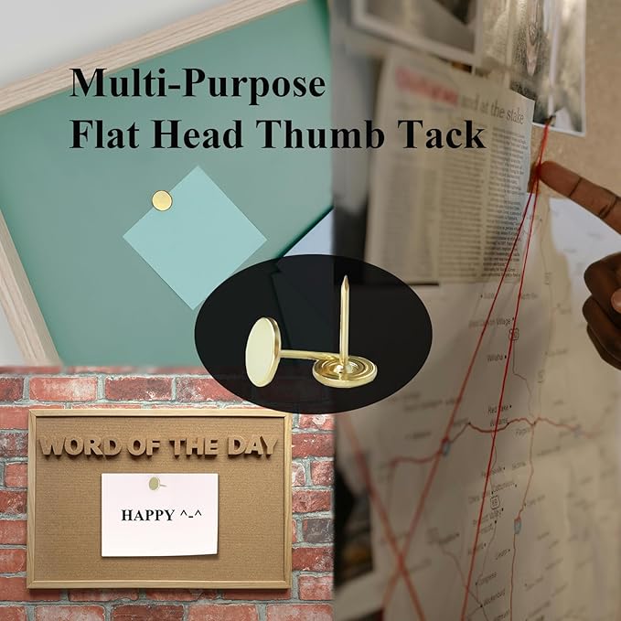 Galdexi 100pcs Flat Head Thumb Tacks for Wall, 7/16 Inch Heavy Duty Upholstery Tacks Nails, Decorative Long Push Pins for Office Home Furniture Decor Wooden Photo, Gold