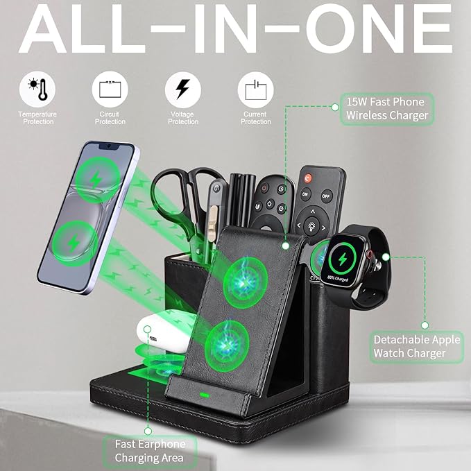 LADSTAG Desk Organizer with Phone Charger,Nightstand Desktop Organizer,Office Supplies Desk Accessories,Pen Holder Remote Control Holder,Black Leather Organizer With Charging Station (black)