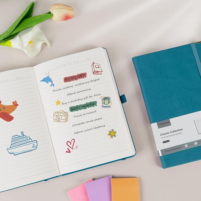 ONAVIA A5 Lined Journal Notebook - 100 GSM Thick Paper, Hardcover Journaling Notebook for Writing, Work, Travel, College Ruled Journal for Women Men, PU Leather Note Book, 5.5”x8.3”- Pacific Green