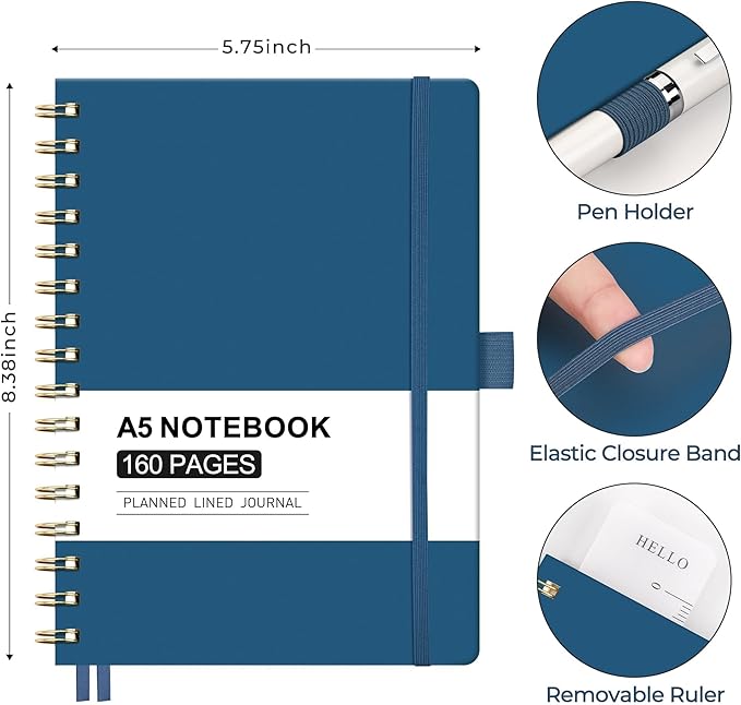 AHGXG Spiral Journal Notebook, 160 Lined Pages, A5 Medium Size (5.7'' x 8.3''), for Men & Women, Journaling, Writing, Work & Office, Hardcover, 100 GSM Thick Paper (Navy Blue)