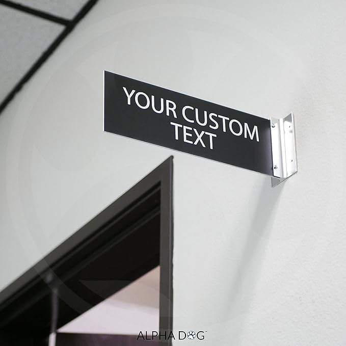 ALPHA DOG SIGNS Custom Projecting Hallway Nameplate, 4"x12" Double-Sided Business Sign, Personalized 2-Line Text, Indoor Outdoor, Easy Install, Durable, Made in USA (Black)