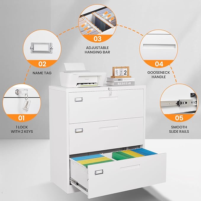 AFAIF 3 Drawer File Cabinets for Home Office, Metal Filing Cabinet with Lock, White Locking File Caninet Three Drawer, Office Storage Caninets Steel Cabnet for Letter/Legal/A4/F4-Assembly Required