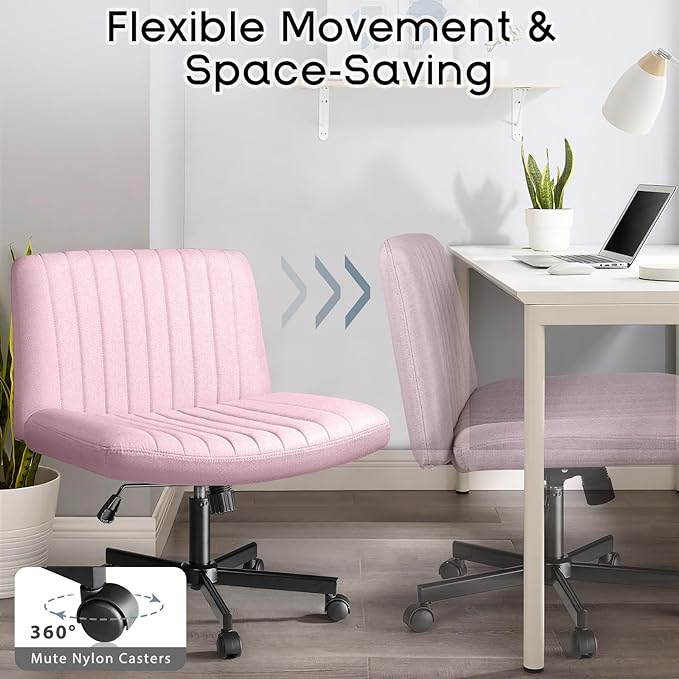 PUKAMI Criss Cross Chair with Wheels,Fabric Padded Armless Cross Legged Office Desk Chair for Home Office,Modern Swivel Height Adjustable Wide Seat Computer Task Vanity Chair(Pink)