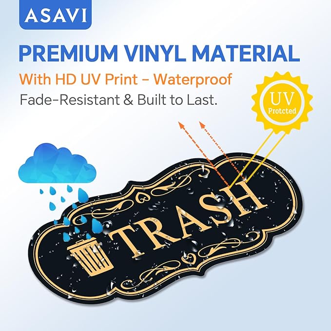 ASAVI Trash & Recycle Stickers – 2-Pack Self-Adhesive Vinyl Labels, Waterproof & Durable (Black Gold, Medium 6.3 x 2.7 inches)