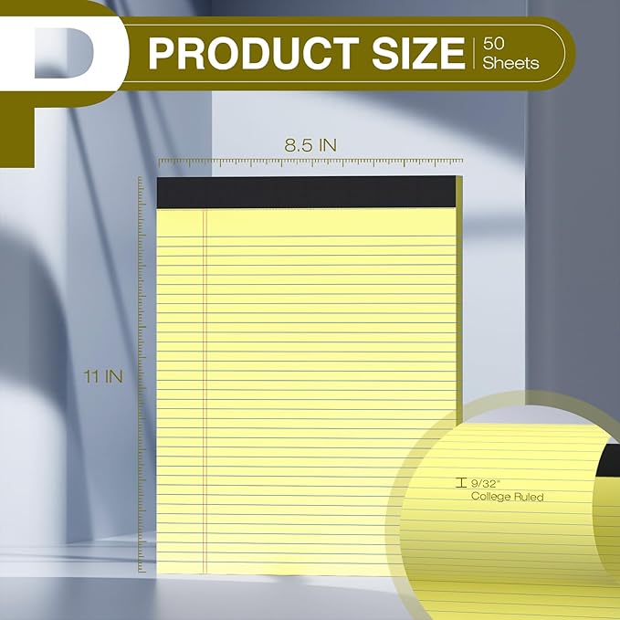 4 Pack Legal Pads 8.5 x 11 College Ruled Colored Note Pads 8.5" x 11" Lined Paper Chipboard-Backed Notepad with Micro-Perforated Notebook Paper for Office & School Supplies 50 Sheets/Pad