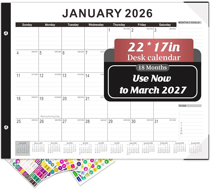 Gannyfer Desk Calendar 2026, Large 2026 Desk Calendar 22" x 17", Use Now to March 2027, 18 Monthly Academic Desktop Calendar 2026 with To-Do List, 2026 Calendar for Office, School, Home(6 Stickers)
