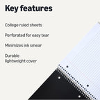 Amazon Basics College Ruled Spiral Notebook, 3 Subject, 150 Sheets, 8.5 x 11 inches, Black