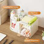 Marbrasse Desk Organizer with 2 Drawer, 360°Rotating Pen Holder, Desk Organizers and Accessories with 6 Slots Pencil Organizer + 2 Drawer, Art Supply Storage Box Caddy for Office (Beige)