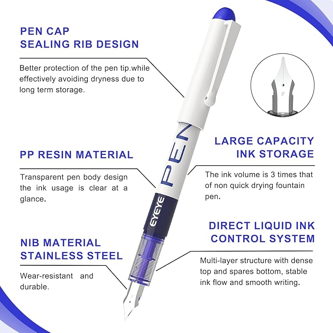 EYEYE Disposable Fountain Pens, 8 Pack 3 Colors Fine Point Pens Stainless Steel Nib, Fountain Pens Smooth Writing for Journaling, Drafting, Sketching, Doodling & Office Supplies
